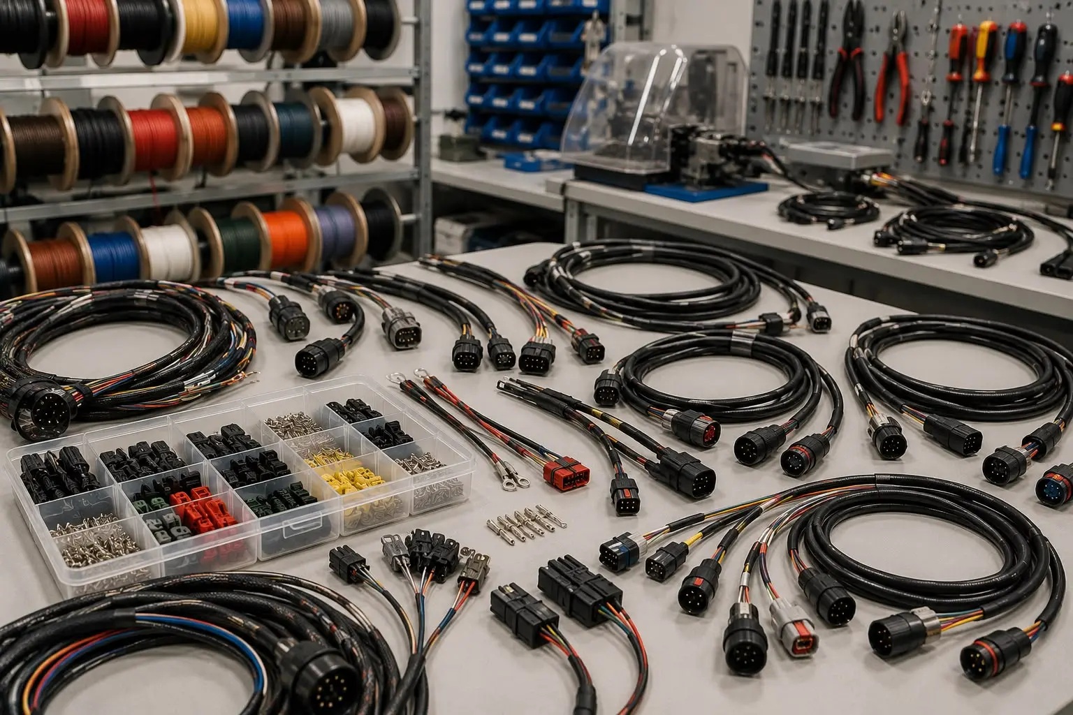 Konfektionierte Kabel und Leitungen an einem Arbeitsplatz