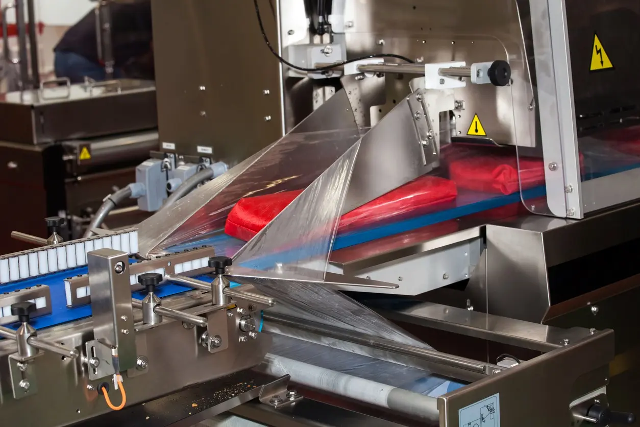 Rote Textilien werden maschinell in Folie verpackt