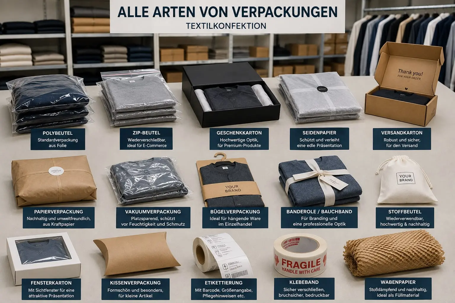 Übersicht verschiedener Verpackungsarten für Textilien